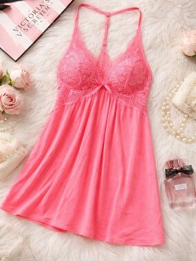 Victoria’s Secret NWT Pink Lace Babydoll Chemise Nightgown Large